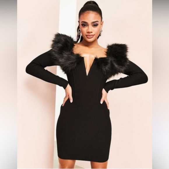 ASOS Luxe plunge faux fur knit mini dress in black size 2 Mob Wife - Picture 1 of 7